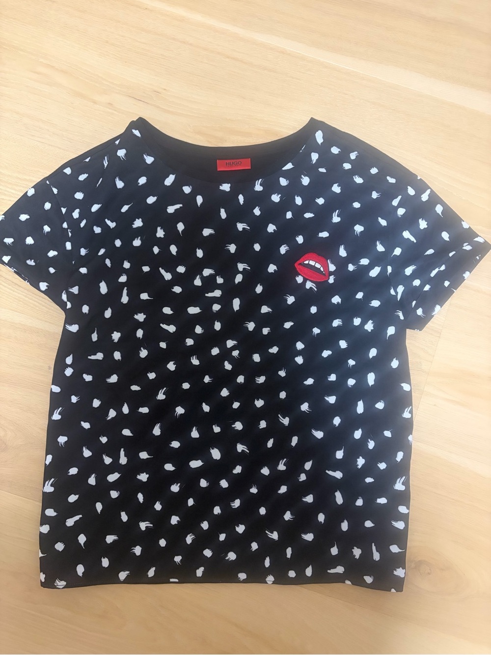 HUGO Black Dennila Tee with White Spot Print and Red Lip Patch